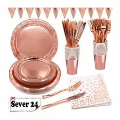 Vaisselle Jetable Rose Gold Assiette Gobelet Anniversaire Serviette Couteaux Fourchettes Banderole Fête Rose Et Or Décoration - Avis / Test
